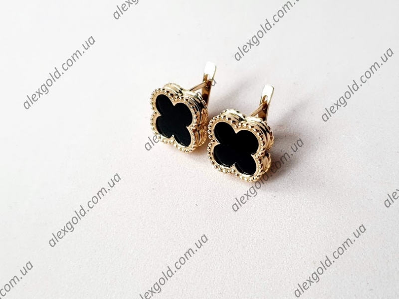 Золотые серьги Van Cleef c черными камнями вставками